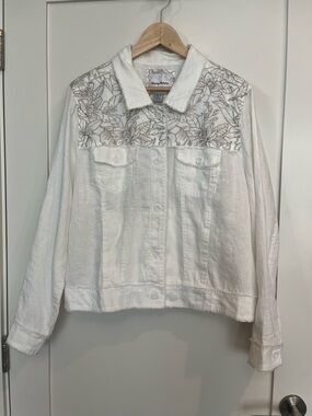 Tommy Bahama White Linen Embroidered Jacket | Cropped Button Front | XL